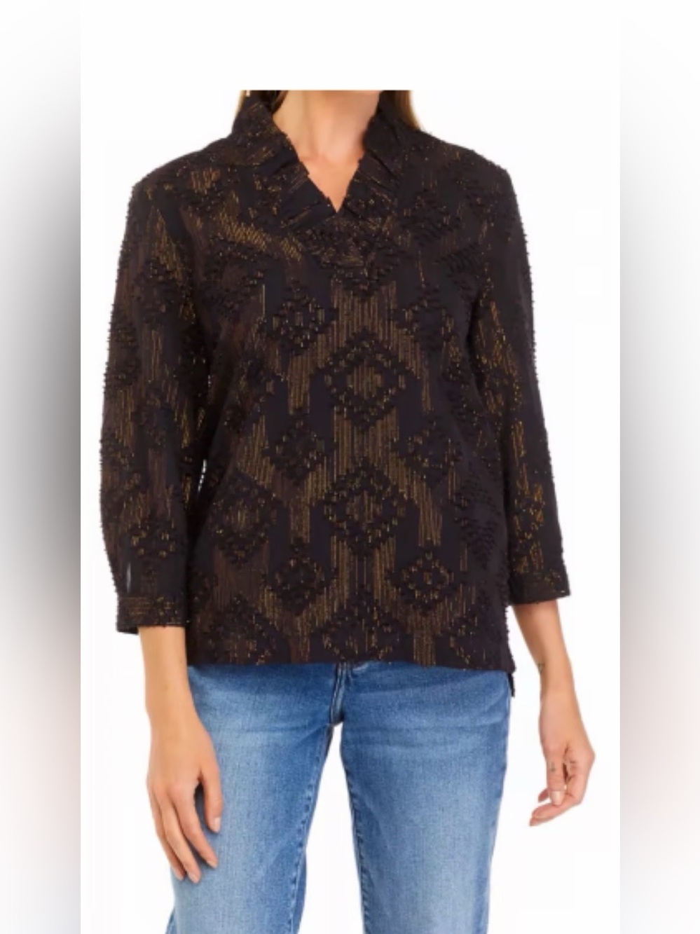 Crown & Ivy gold geometric black tunic blouse 3/4 sleeve XL lined shirt